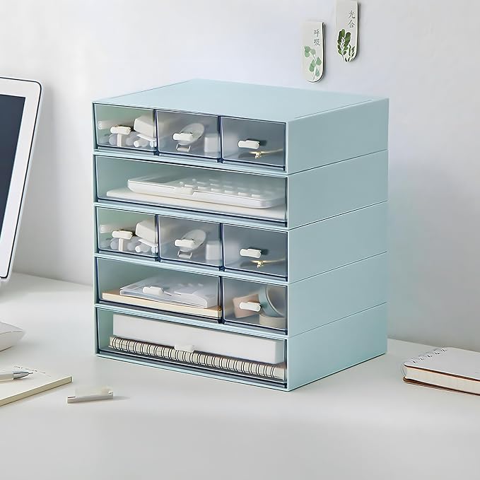 Desktop Organiser with 5 Drawers, Stackable Plastic Storage Box on Desk - Image 2