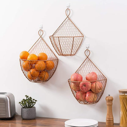 MyGift Set of 3, Farmhouse Copper Metal Wire Mesh Wall Hanging Baskets - Image 2