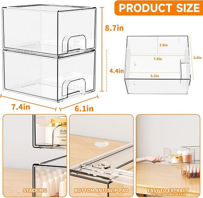 Yieach 2 Pack Clear Stackable Storage Drawers, 4.4'' Tall Acrylic Drawer - Image 3