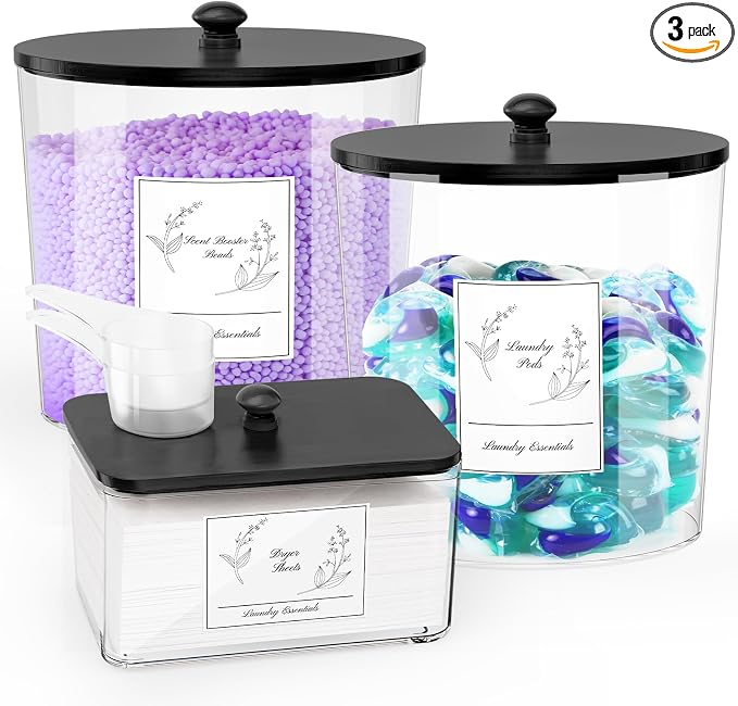 3 Pack Laundry Powder Container & Dryer Sheet Holder, Plastic Laundry Room by COAZEX