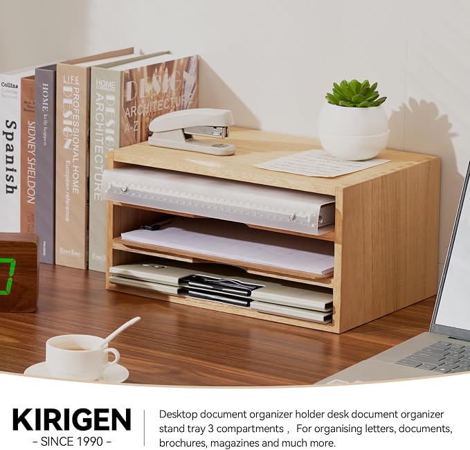 KIRIGEN Wooden Desktop Organizer Paper Storage Letter Tray File Sorter - Image 5