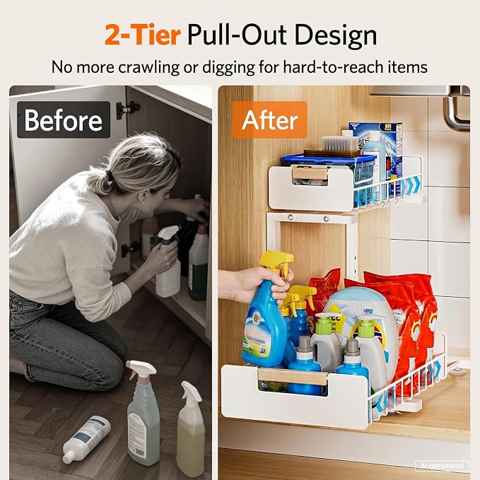 Delamu Under Sink Organizer 2 Pack, Pull Out Cabinet Organizer - Image 2