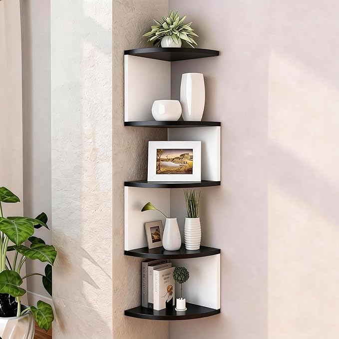 No-Drill Corner Shelf Wall Mount, 5-Tier Floating Corner Bookshelf by Frawenleco