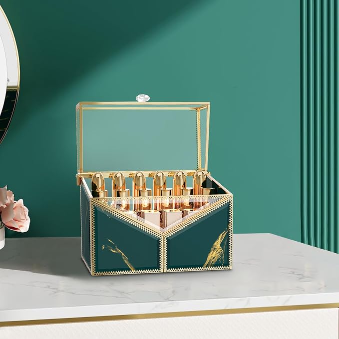 Glass Lipstick Organizer, 18-Slot Green Vanity Makeup Holder by Coralhouse