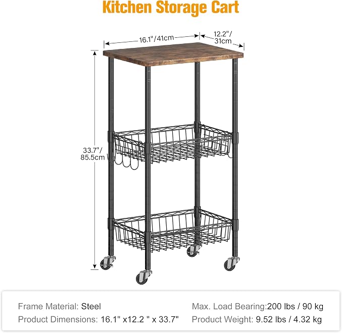 Homeiju Rolling Kitchen Storage Cart, 3-Tier Storage Rack on Caster Wheels - Image 2