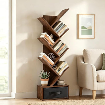 7 Tier Tree Bookshelf with Storage Drawer, Floor Standing Bookcase | Modern - Image 5