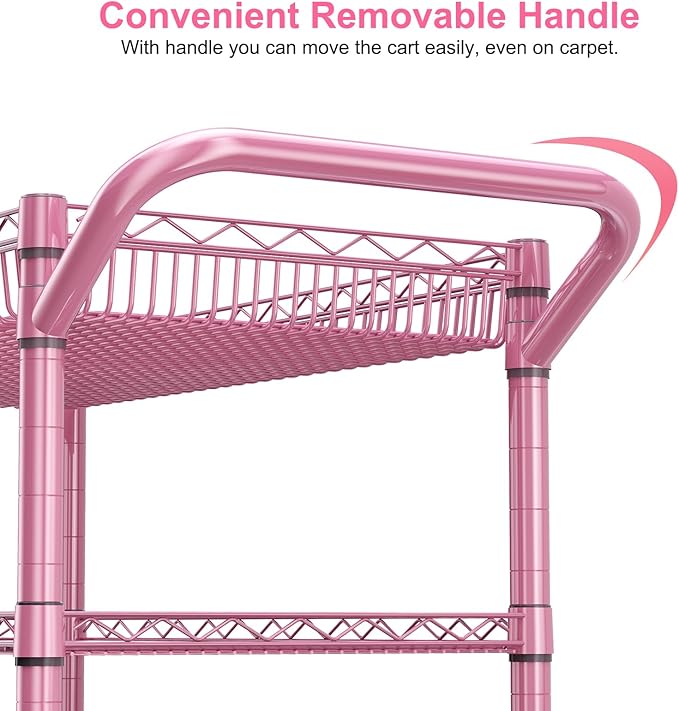 Pink Rolling Utility Cart with Wheels, 990Lbs Heavy Duty Metal Cart with Handle - Image 6