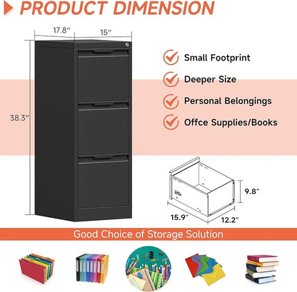 3 Drawer File Cabinet with Lock, Vertical Filing Cabinets - Image 2