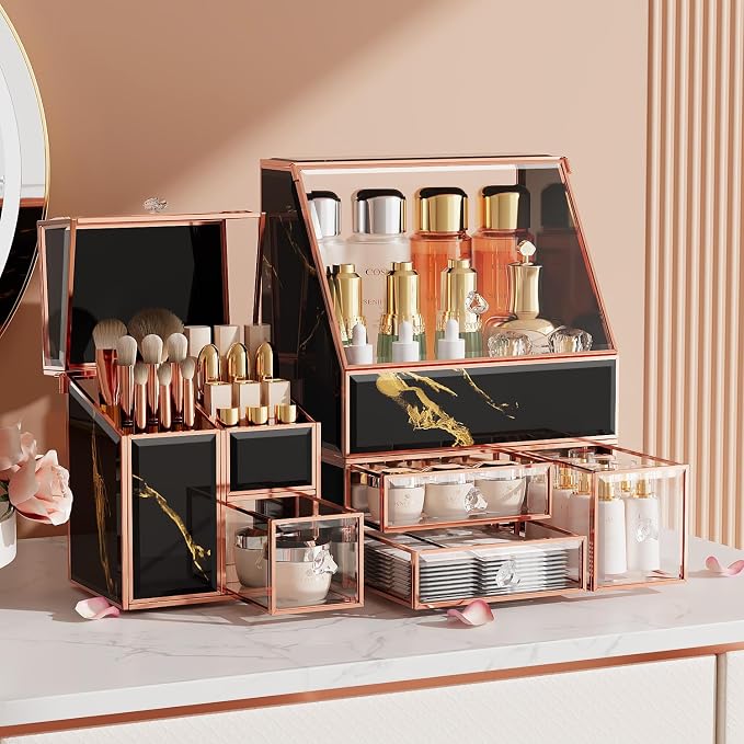 Makeup Organizer Black, Glass Vanity Organizer by Coralhouse