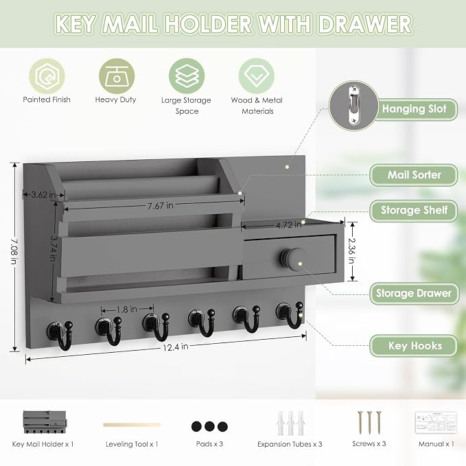 VIS'V Key Holder Wall Mount, Wooden Mail and Key Organizer, Small Shelf - Image 3