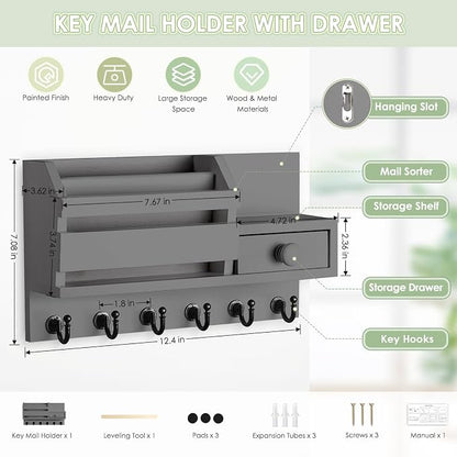 VIS'V Key Holder Wall Mount, Wooden Mail and Key Organizer, Small Shelf - Image 3