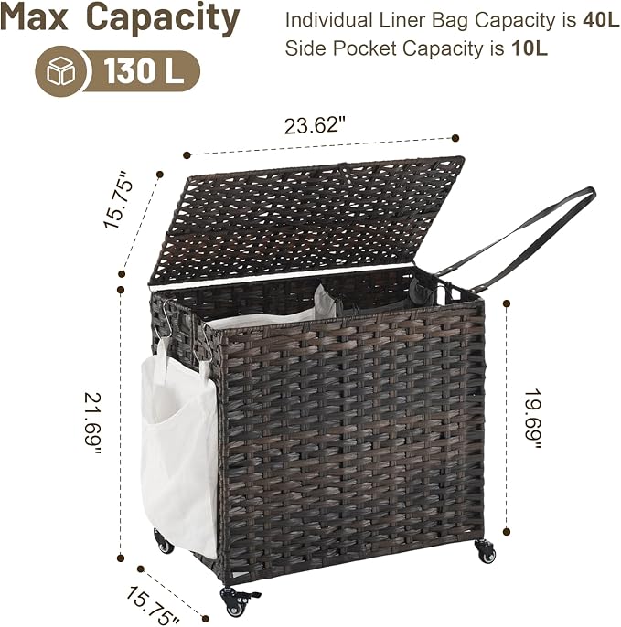 Laundry Hamper with Wheels, 34.3 Gallon Rolling Laundry Basket with Lid - Image 4