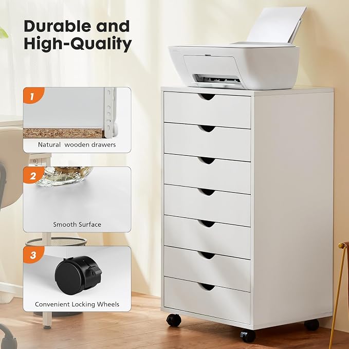 OLIXIS 7 Drawer File Cabinet on Wheels, Printer Stand | Fits Under Desks - Image 7