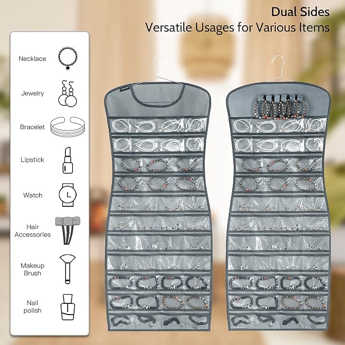 Hanging Jewelry Organizer Dual Sided 84 Clear Pockets and 6 Hook Loops Storage - Image 2