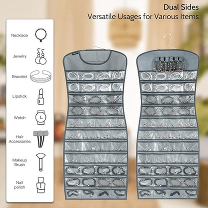 Hanging Jewelry Organizer Dual Sided 84 Clear Pockets and 6 Hook Loops Storage - Image 2