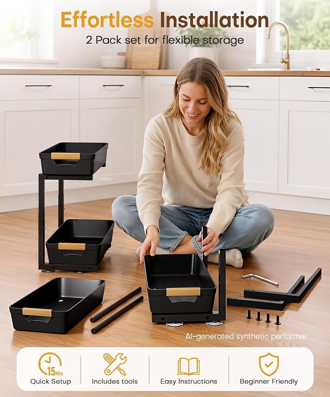 Homde Sliding Under Sink Organizer: 2 Pack 2-Tier Cabinet Shelf - Image 9