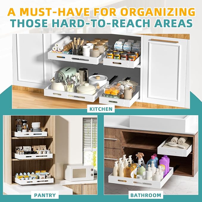 HBL' 2 Pack | 21" Deep Pull Out Cabinet Organizer Adhesive, Width Expandable - Image 6
