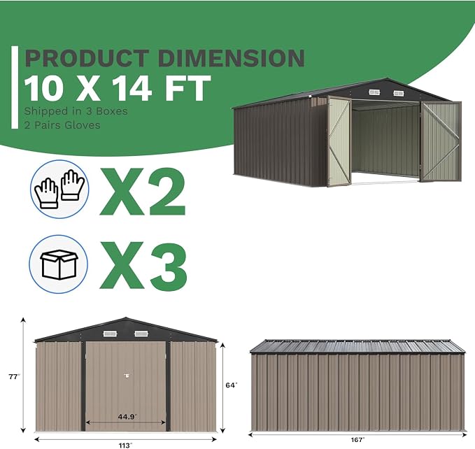 Patiowell 10x14 FT Storage Shed, Outdoor Metal Steel Garden Shed - Image 2
