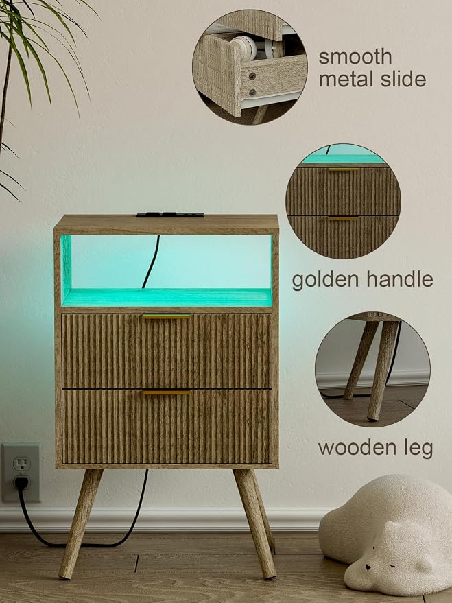 Nightstand with Charging Station and LED Lights, Modern Bedside Table with 2 - Image 5