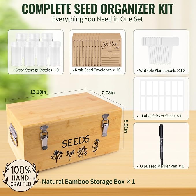 Large Bamboo Wood Seed Storage Organizer Box - Image 2