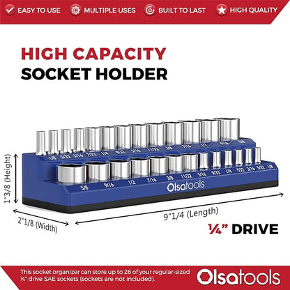Olsa Tools Magnetic Socket Organizer | 1/4-inch drive | SAE BLUE | Holds 26 - Image 3