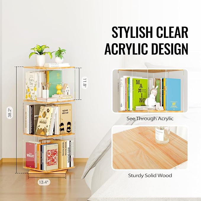 TAKEKIT 3-Tier Rotating Bookshelf, 360° Spinning Book Shelf Tower - Image 3