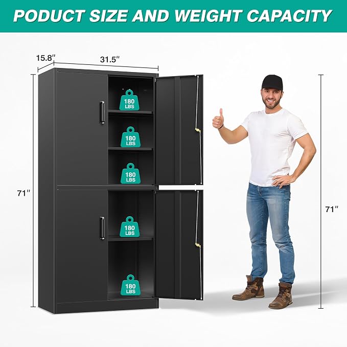 Metal Storage Cabinet with 3 Adjustable Shelves, Garage Storage Cabinet with - Image 2