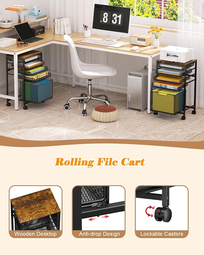 Feyejade Compact 5-Tier Rolling File Cart, Under Desk Metal Filing Cabinet | - Image 5