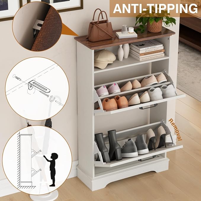 Shoe Storage Cabinet with 2 Flip Drawers, Narrow Slim Shoe Organizer - Image 5