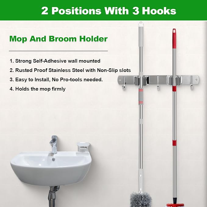 voze 2 Racks and 3 Hooks Mop and Broom Holder Wall Mount, Self Adhesive Heavy - Image 3