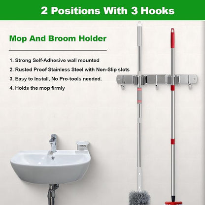 voze 2 Racks and 3 Hooks Mop and Broom Holder Wall Mount, Self Adhesive Heavy - Image 3