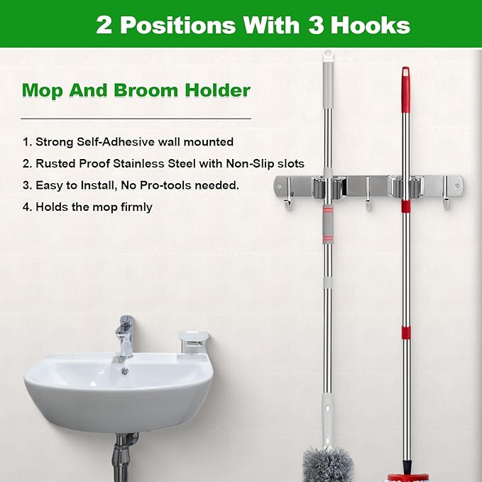 voze 2 Racks and 3 Hooks Mop and Broom Holder Wall Mount, Self Adhesive Heavy - Image 2