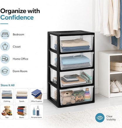 Wide 4 Drawer Plastic Storage Tower Organizer Clear Bins Bedroom | Removable - Image 6