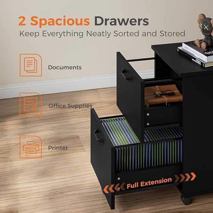 2 Drawer Filing Cabinet, Wood Rolling Filing Cabinets - Image 4