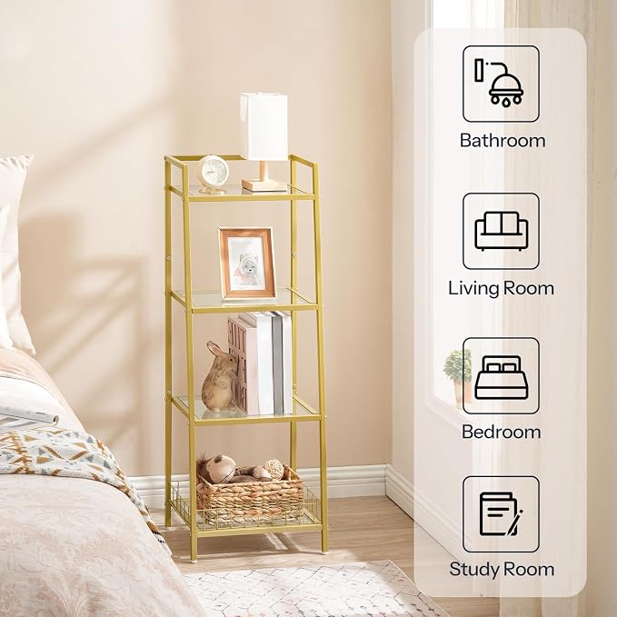 HOOBRO Gold Glass Shelf Stand, 4 Tier Standing Shelf Unit, Bathroom Organizer - Image 6