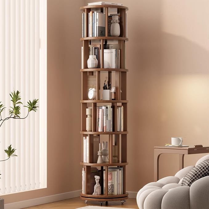 Solid Wood Rotating Bookshelf on Wheels, 6 Tier, Round Revolving Bookcase by Muwuele