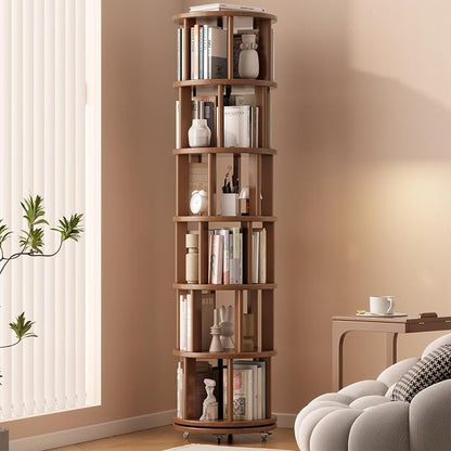 Solid Wood Rotating Bookshelf on Wheels, 6 Tier, Round Revolving Bookcase by Muwuele