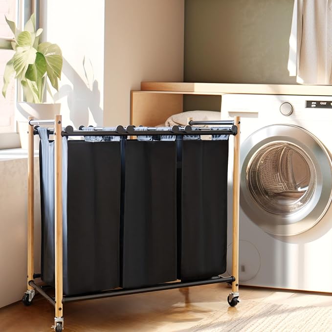 STORAGE MANIAC 3 Section Laundry Sorter, 35.9 Gal Laundry Hamper Cart - Image 2