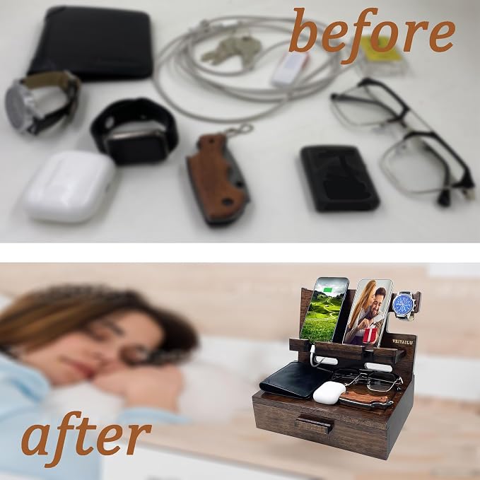 Gifts for Men Women Husband Son Boyfriend Him Nightstand Organizer Wood Phone - Image 7