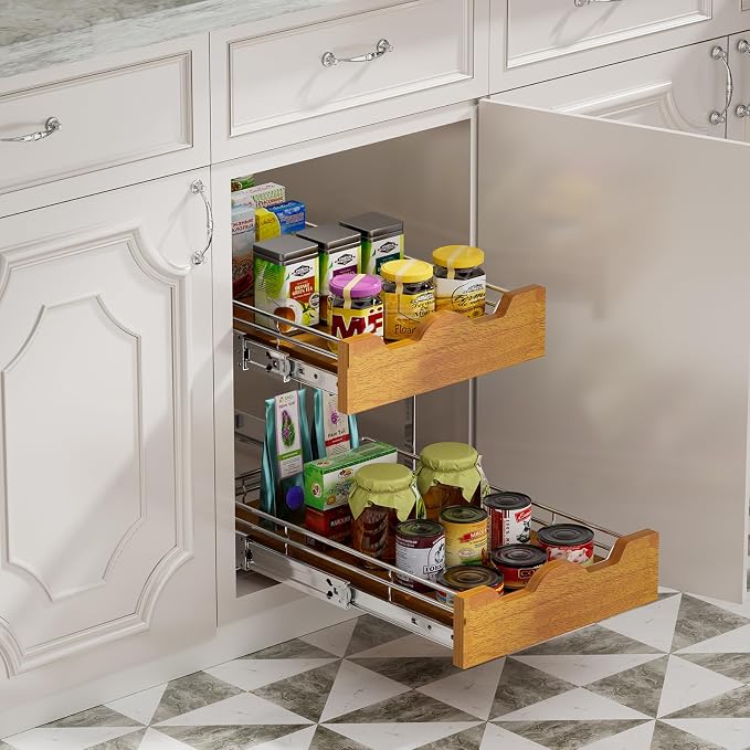 DINDON 2 Tier Pull Out Cabinet Organizer Slide Out Wood Shelf Double Tier - Image 4