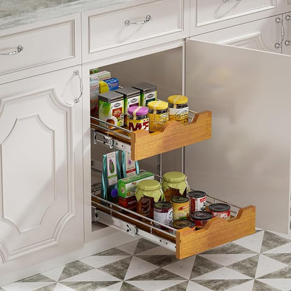 DINDON 2 Tier Pull Out Cabinet Organizer Slide Out Wood Shelf Double Tier - Image 4