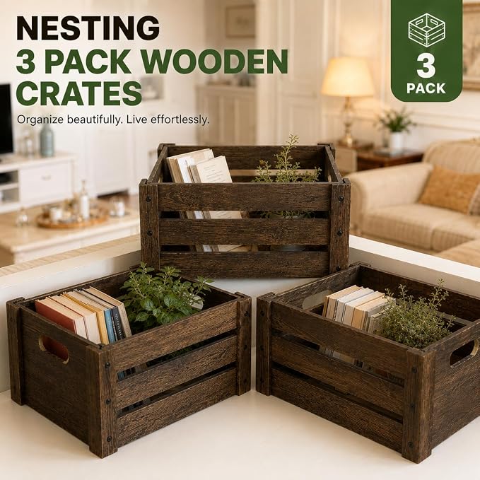 3 Pack Wooden Crates for Display Rustic Handmade Wood Crate for Storage | - Image 4