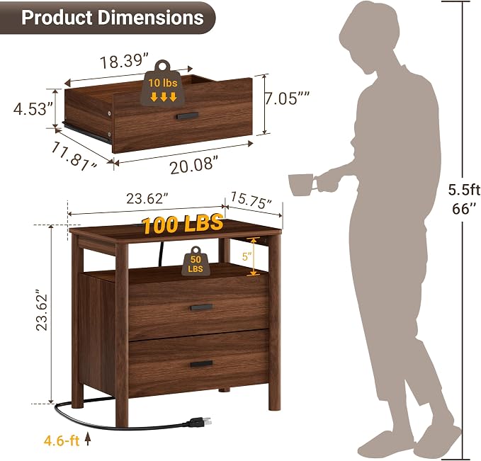 Night Stand Set of 2 with Charging Station, 2 Drawers End Table with Open Shelf - Image 2