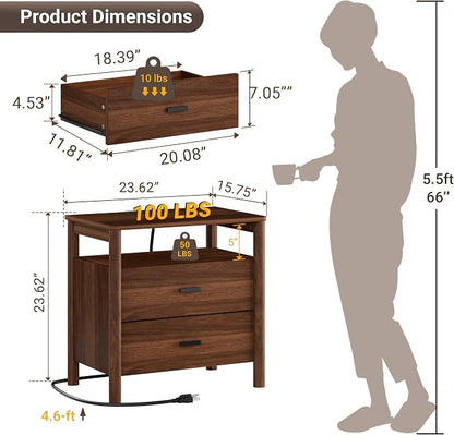 Night Stand Set of 2 with Charging Station, 2 Drawers End Table with Open Shelf - Image 2