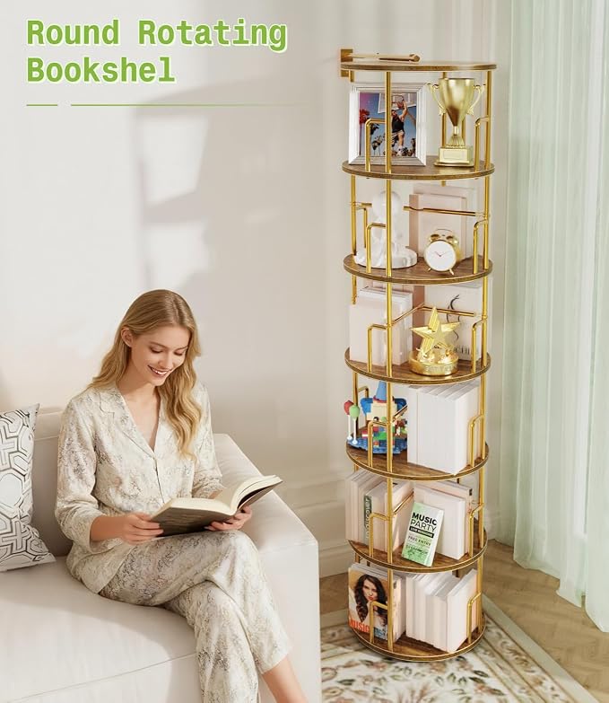 6 Tier Rotating Bookshelf Tower Round, 74” Tall Spinning Bookshelf Tower - Image 7