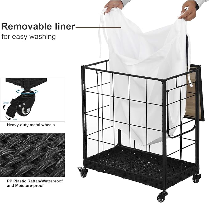 Durable Laundry Hamper with Removable Liner Bag, Heavy Duty Wheels, Wood Lid - Image 6