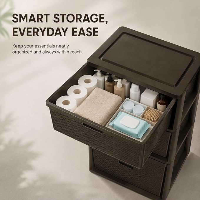 Wide 3 Drawer Plastic Storage Tower Organizer, Tool-Free Assembly Drawer Unit - Image 6