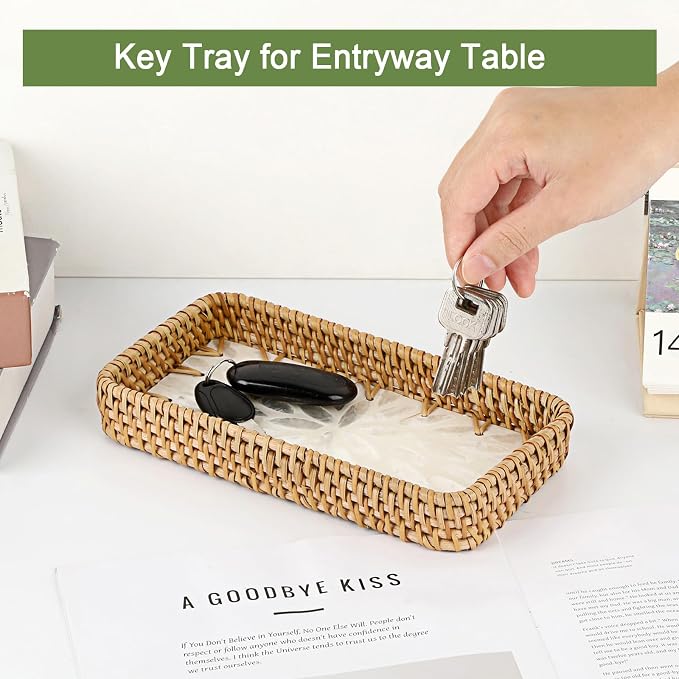 Decorative Key Basket for Entryway Small Handwoven Rattan Tray Rectangular Key - Image 4