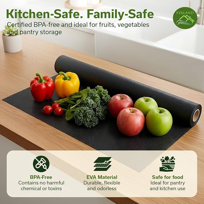 EVALAND Shelf Liners for Kitchen Cabinets Non-Adhesive 12" x 33 FT Black Drawer - Image 6