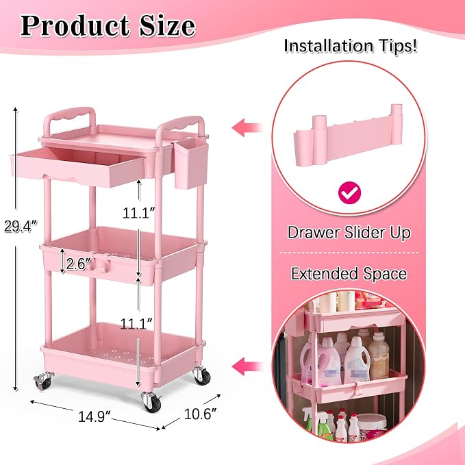 SUNALLY 3 Tier Rolling Cart - Image 2